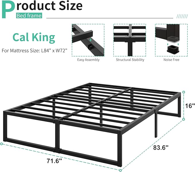 16 Inch California King Bed Frames No Box Spring Needed Heavy Duty Metal Cal - Image 2