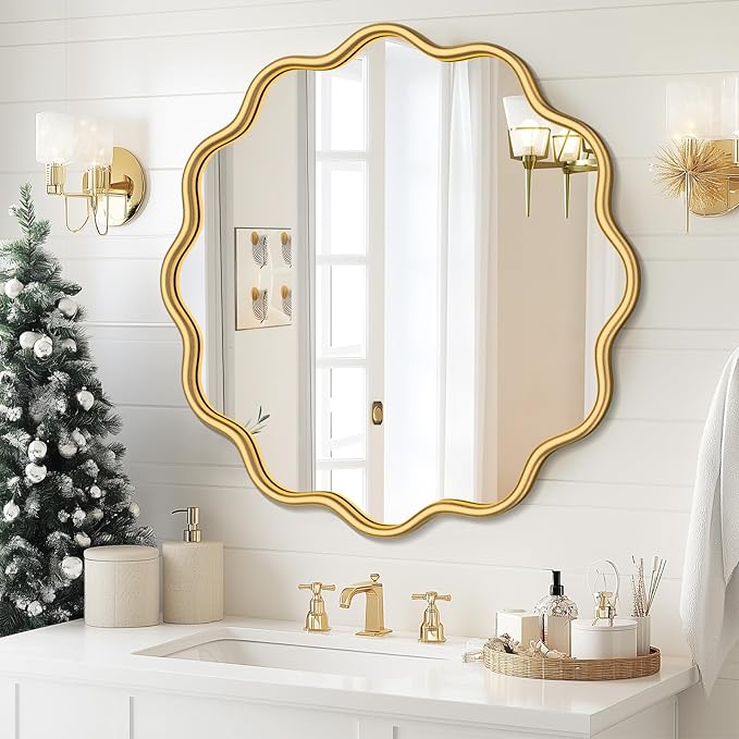 PROHOMEWARE Gold Round Mirror 30 Inch Wavy Bathroom Vanity Mirror Gold Frame by PROHOMEWARE