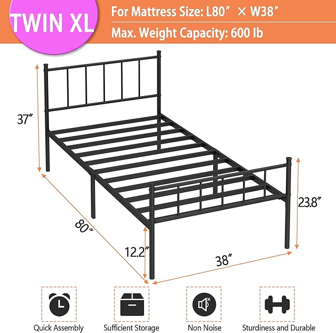 Twin XL Bed Frame-Classic Metal Platform Bed Frame, Mattress Foundation - Image 2