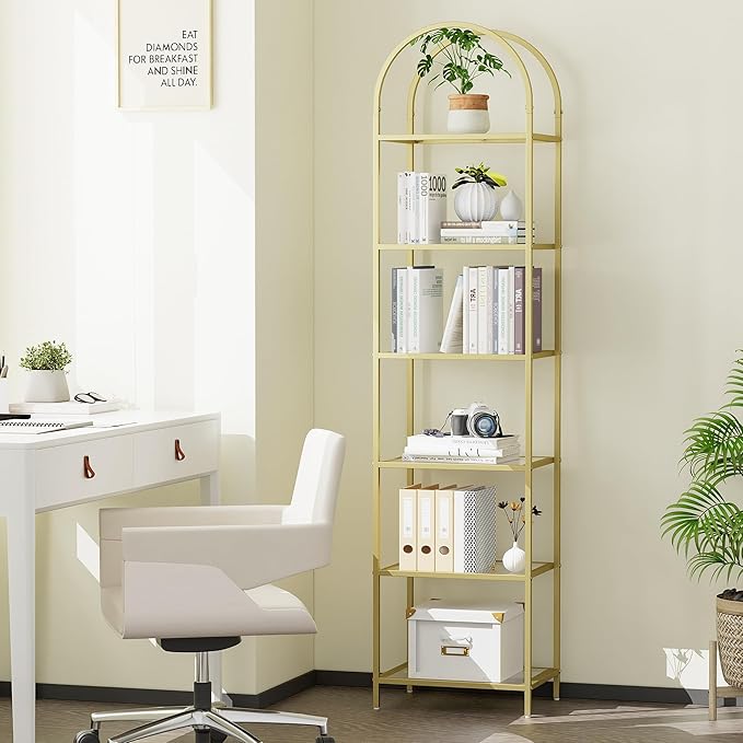 Homhedy Bookshelf Arched Display Racks, Metal Bookcase, Tempered Glass Shelves - Image 8