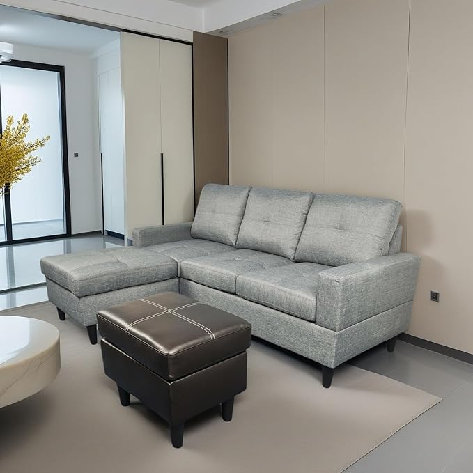 L Shaped Sofa with Ottoman, Modern Faux Leather Couch with Chaise, 3 Seat - Image 6