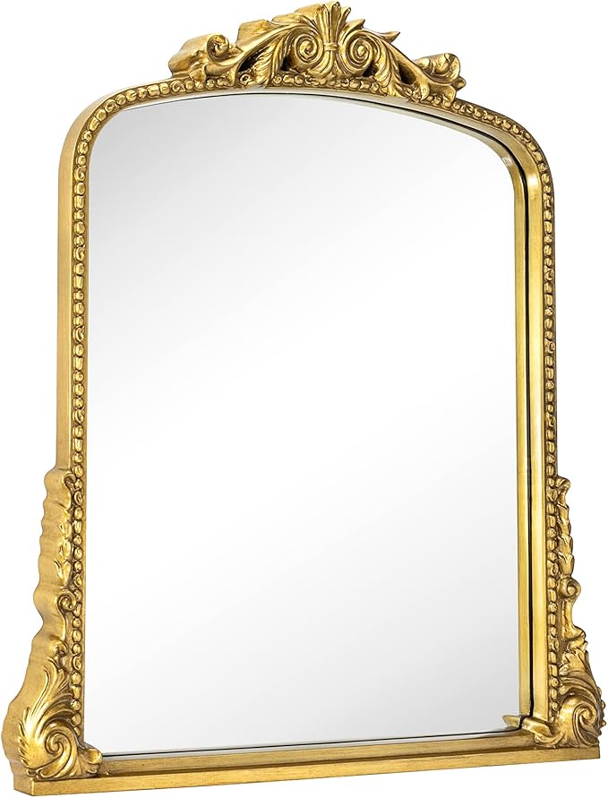 Antiqued Gold Ornate Mirror Arched Mantel Wall Mirror Baroque Inspired Bathroom - Image 2