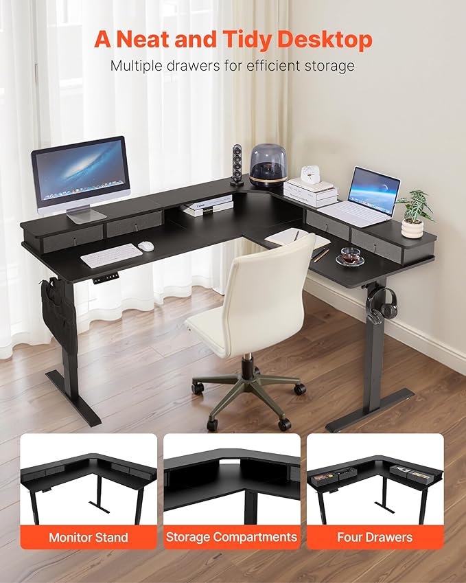 VEVOR 63'' Electric L Shaped Standing Desk, 3 Memory Height, 2-Tier Corner Table - Image 7