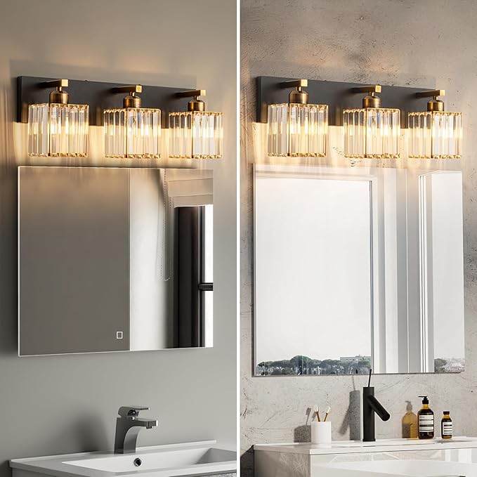 Modern Bathroom Vanity Light 3-Lights Black Gold Crystal Bathroom Wall Light - Image 4