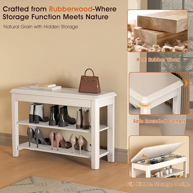 Shoe Rack Bench Seat Rubberwood 2-Tier Wooden Storage Bench 550lbs Compact - Image 6