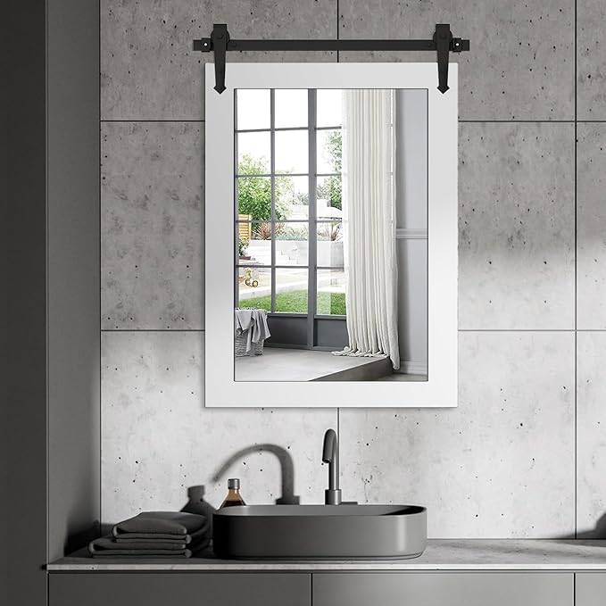Farmhouse Bathroom Mirror for Over Sink 22”x32” Wood Frame Rustic Barn Door - Image 6