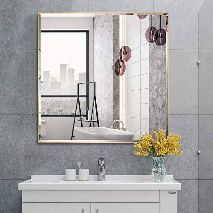 30x30 Inch Gold Mirror with Beveled Trim, Aluminum Frame Bathroom Vanity Mirror by LEDLUX