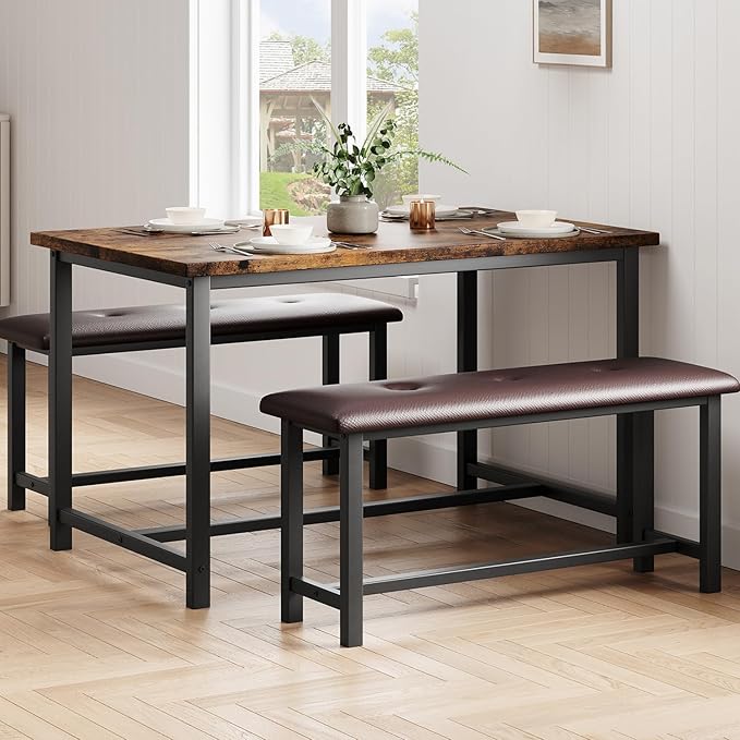 Garvee Dining Table with 2 Benches, Kitchen Table with 2 Upholstered Benches - Image 9