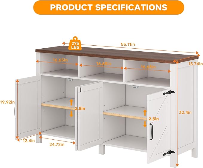 Buffet Sideboard with Storage Farmhouse with 4 Doors, Dining Room - Image 2