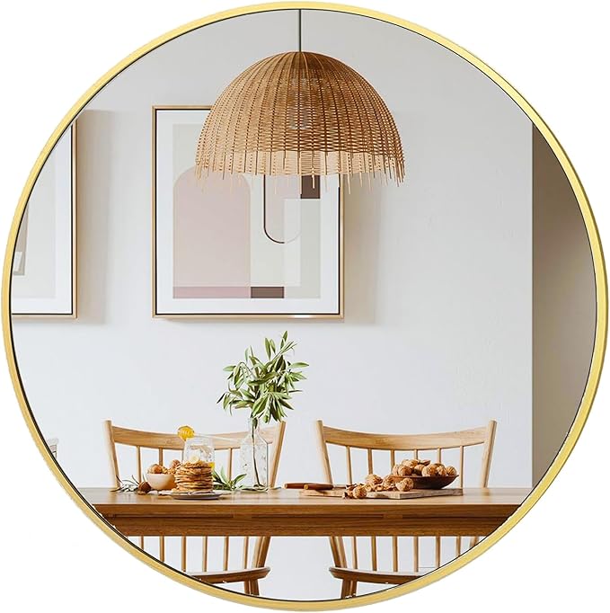 30 inch Gold Circle Wall Mirror, Brushed Gold Metal Framed Round Mirror by UMZODO