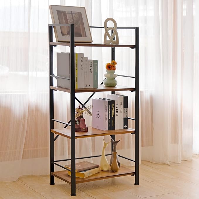 Crofy Rustic Bookshelf, 4 Tier Real Wood Bookshelf, Metal Book Shelf - Image 5