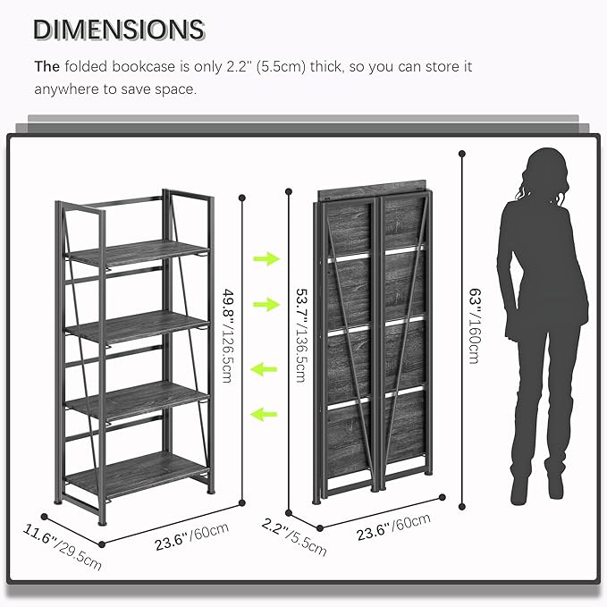 4NM No-Assembly Folding Bookshelf Storage Shelves 4 Tiers Vintage Bookcase - Image 2