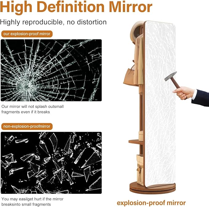 70"x16"Full Length Mirror with Stand, Coat Rack with Mirror, Solid Wood Floor - Image 7