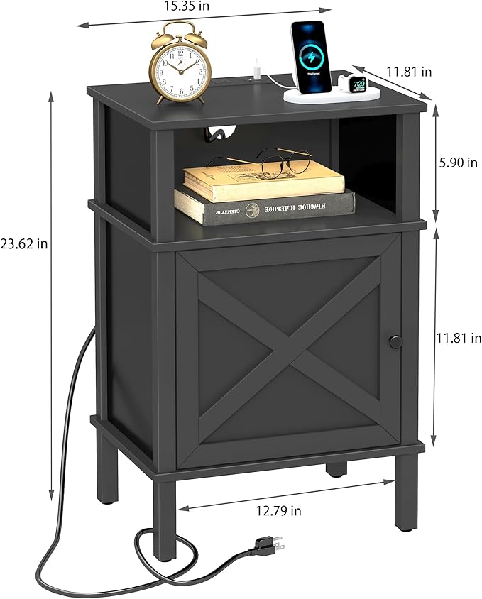 Nightstand with Charging Station, Farmhouse Nightstand, end Table with 2 Tiers - Image 3