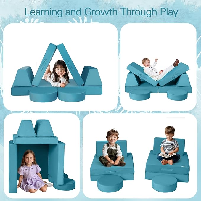 MeMoreCool Modular Kids Play Couch Sofa, 8-Piece Convertible Turquoise Toddler - Image 4