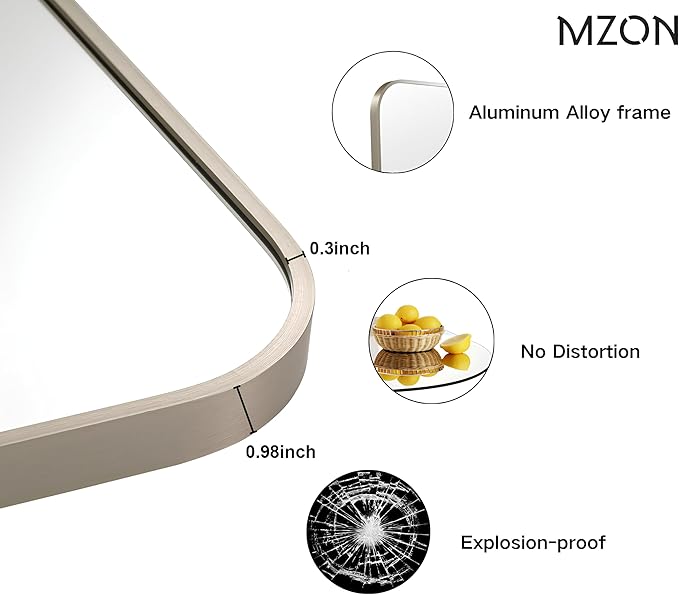 MZON 16x20Inch Brushed Nickel Bathroom Mirror, Rectangle Wall Mounted Mirror - Image 3