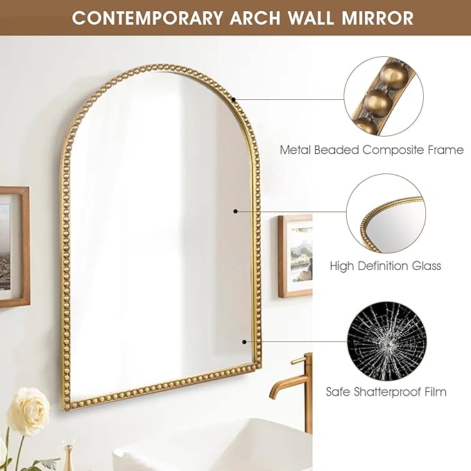 Arched Wall Mirror for Bathroom, Large Modern Distressed Hanging Wall Decor for - Image 3