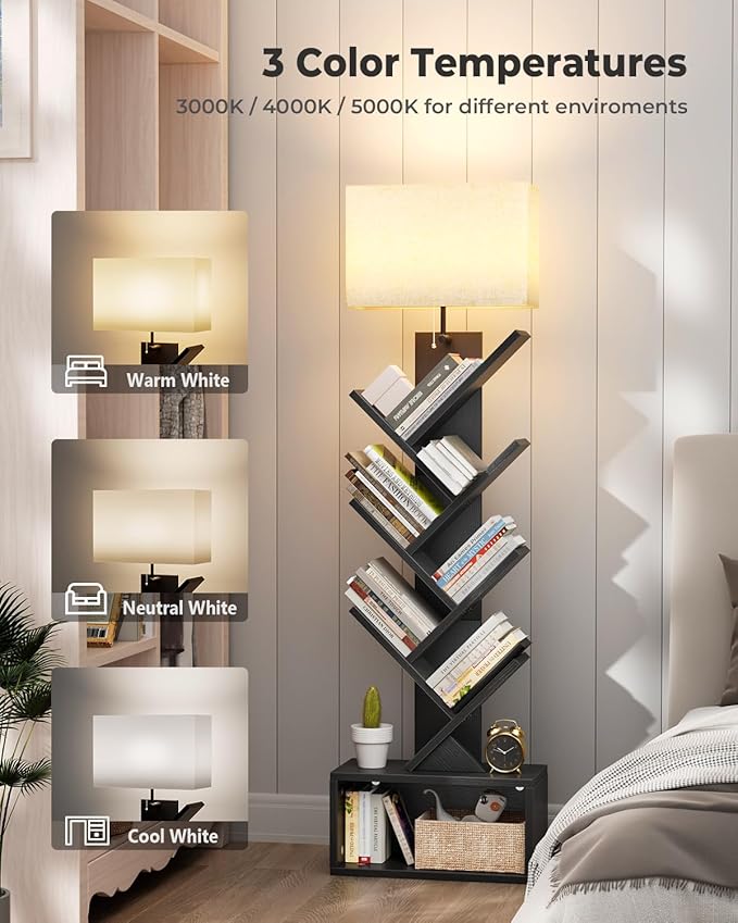 6 Tier Tree Bookshelf with Light, Narrow Bookcase Tower, Tall Floor Standing - Image 4