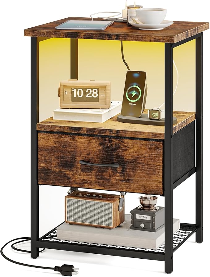 Fixwal Night Stand with Charging Station, LED Nightstand with Fabric Drawers by Fixwal