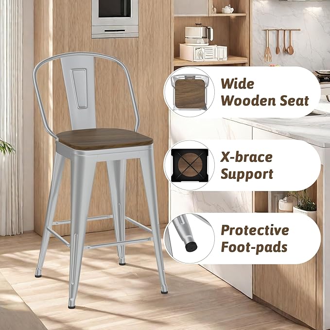 30” Swivel Bar Stools Set of 4, Counter Height Bar Stools Wooden Seat, Metal - Image 5