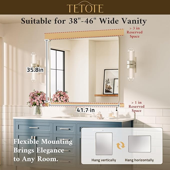 TETOTE 42 x 36 Inch Brushed Nickel Mirror Metal Framed Bathroom Mirror - Image 7
