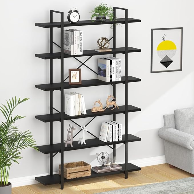 HSH 6 Tier Tall Black Bookshelf, Modern Large Storage Book Shelves & Display - Image 8