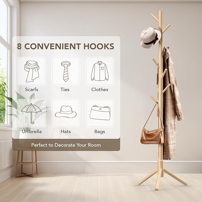 Wooden Tree Coat Rack Stand, Sturdy Freestanding Coat Rack - Image 6