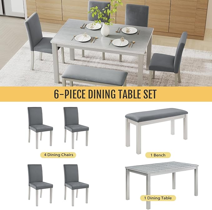 6-Piece Solid Wood Dining Table Set, Including 1 Dining Table, 4 Upholstered - Image 4