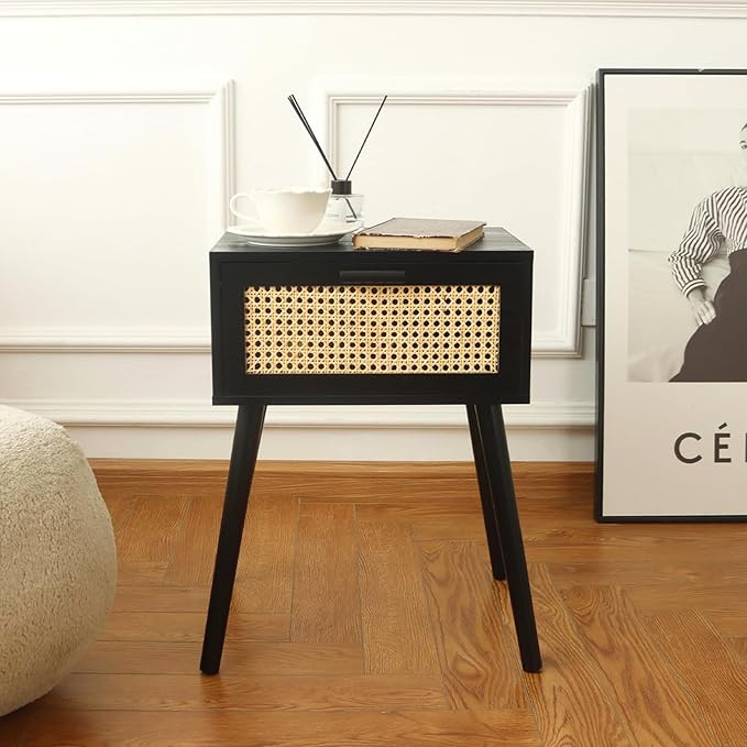 AWASEN Mid Century Modern Nightstand, Rattan Side Table by AWASEN