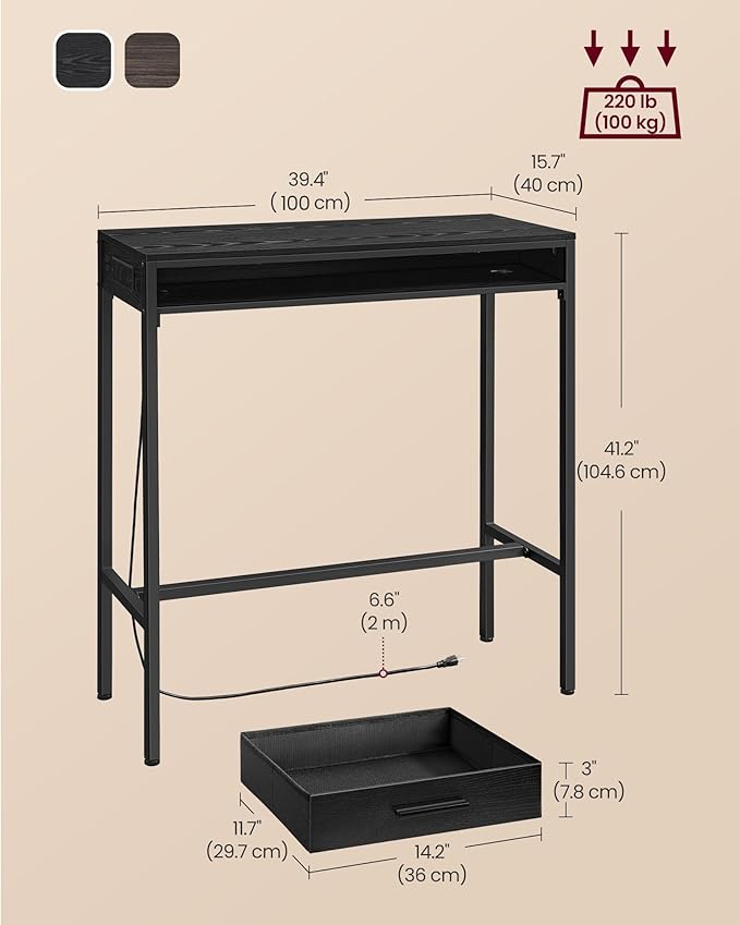 VASAGLE Bar Table with Power Outlets, 39.4 Inches Long Bar Height Pub Table - Image 3