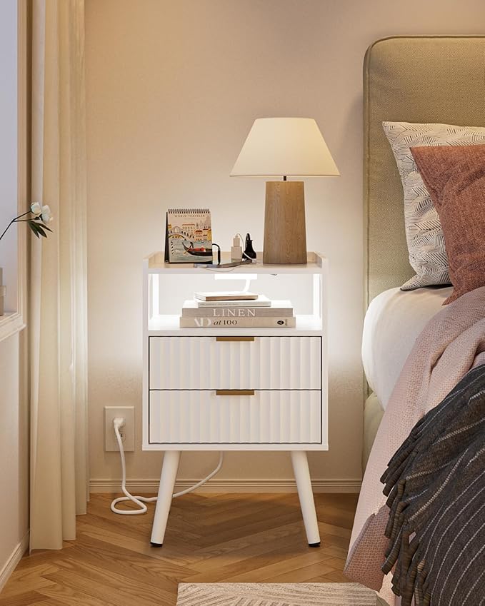 Nightstand with Charging Station and LED Lights, Modern Bedside Table with - Image 7