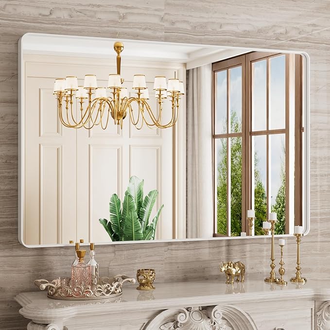 White Bathroom Mirror 48x30 Inch, Rounded Rectangle Matte Bathroom Vanity Mirror by JISOSO