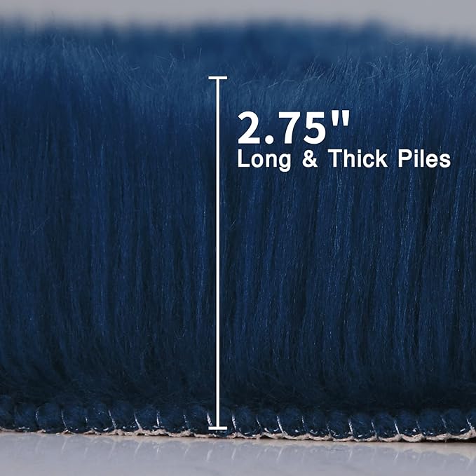 duduta Navy Blue Faux Sheepskin Runner Rugs 2x6 ft, Fluffy Shag Bedroom Bedside - Image 2