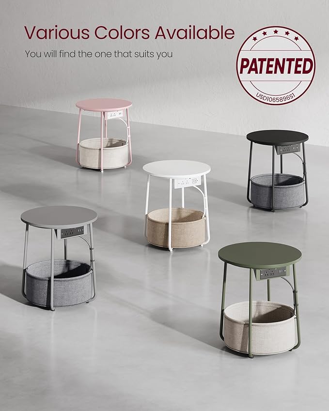 VASAGLE Side Table with Charging Station, Round End Table with Fabric Basket - Image 9