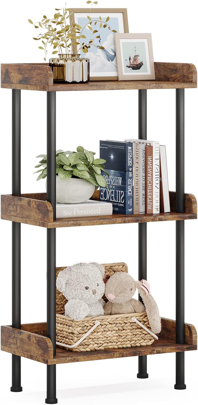 Hosfais Bookshelf Small Book Shelf, 3 Tier Wood Bookcase Industrial Bookshelf by HosfaisHome