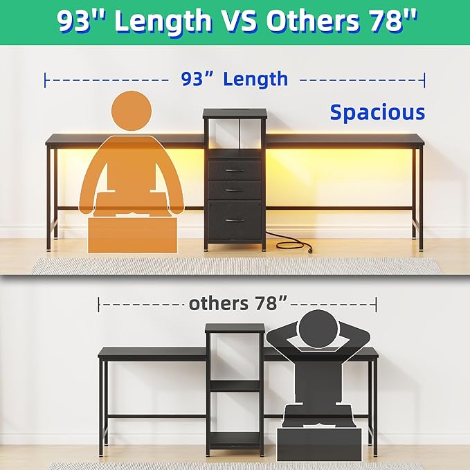 93'' Two Person Desk with Charging Station, Long Desk with 3 Drawers and - Image 3