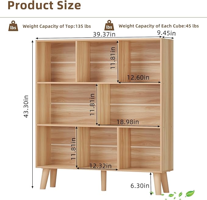 LEYAOYAO Wooden 8 Cube Book Shelf, Natural 3 Tier Bookshelf - Image 2