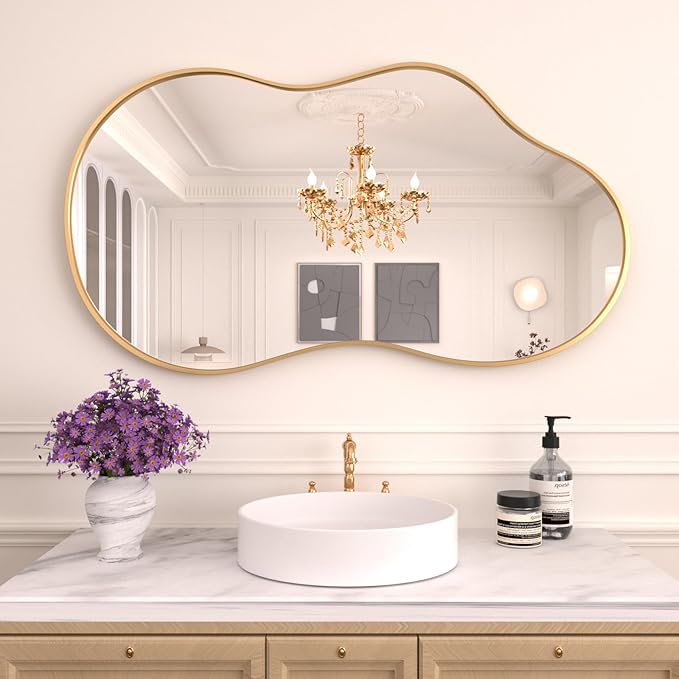 WEER Irregular Wall Mirror, 20x36 inch Gold Asymmetrical Mirror Wall Mounted by WEER