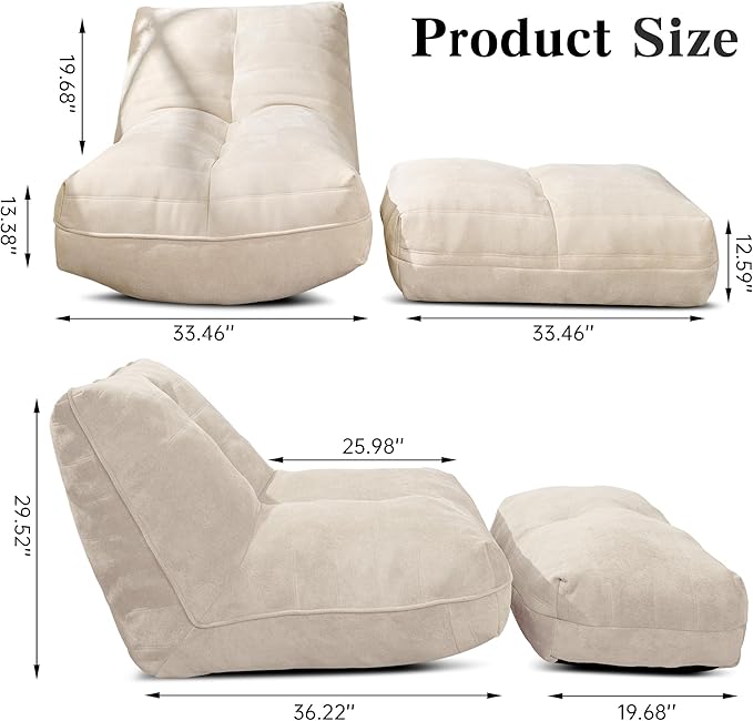 Bean Bag Chair with Ottoman, Comfy Bean Bag Sofa with Memory Foam, Lazy BeanBag - Image 2