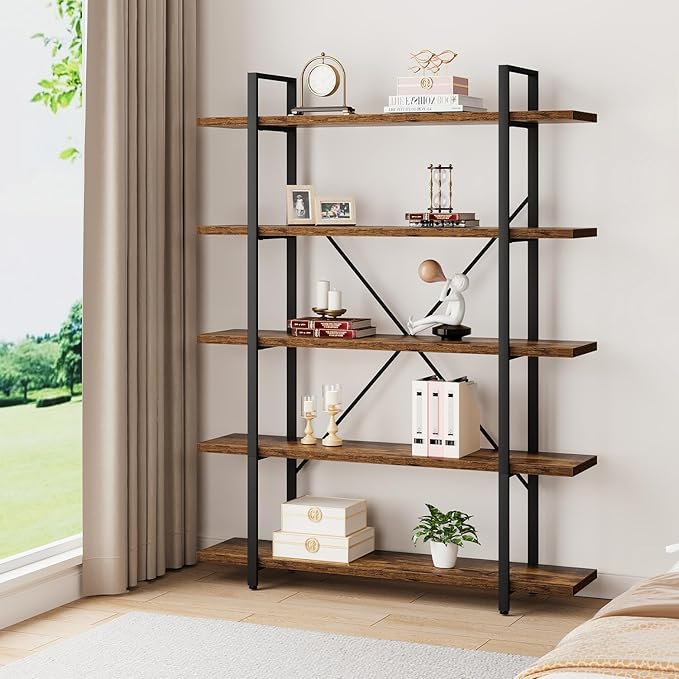 HSH Rustic Bookcases and Book Shelves 5 Shelf, Metal Wood 5 Tier Bookshelf and - Image 9