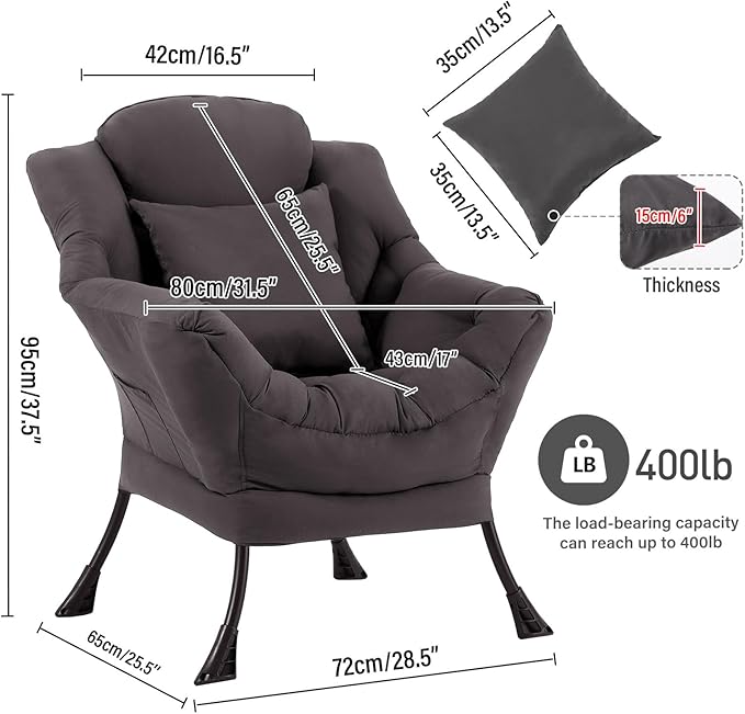 Lazy Chair with Pillow for Living Room, Modern Lounge Accent Chair with Armrests - Image 2