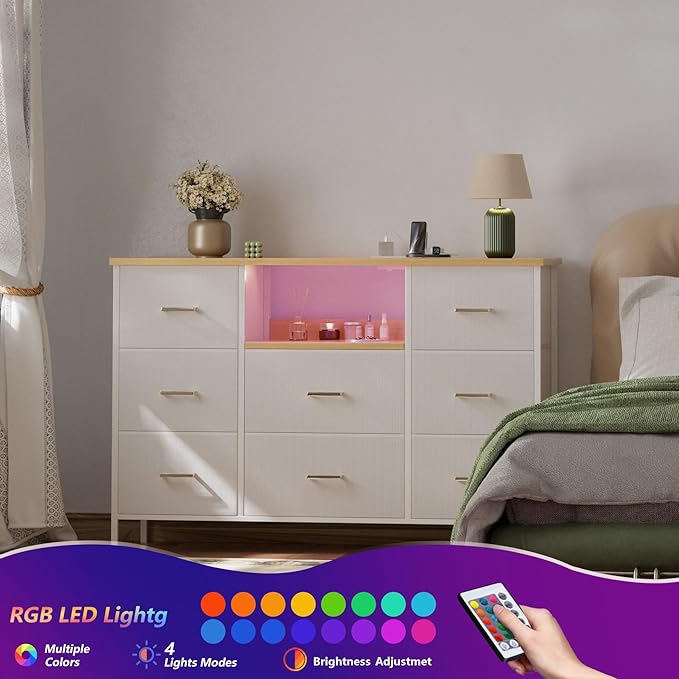 White Dresser with LED Lights and Power Outlets, Dresser TV Stand with 8 Drawers - Image 4
