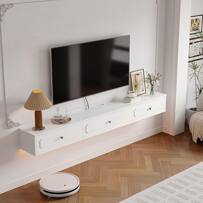 Retro Floating TV Console with 3 Doors, Wall Mounted TV Cabinet, Contemporary - Image 3