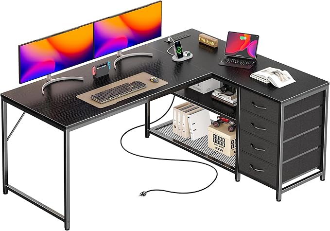 PRAISUN 53" L Shaped Desk with Power Outlets and USB-C Port, Reversible by PRAISUN
