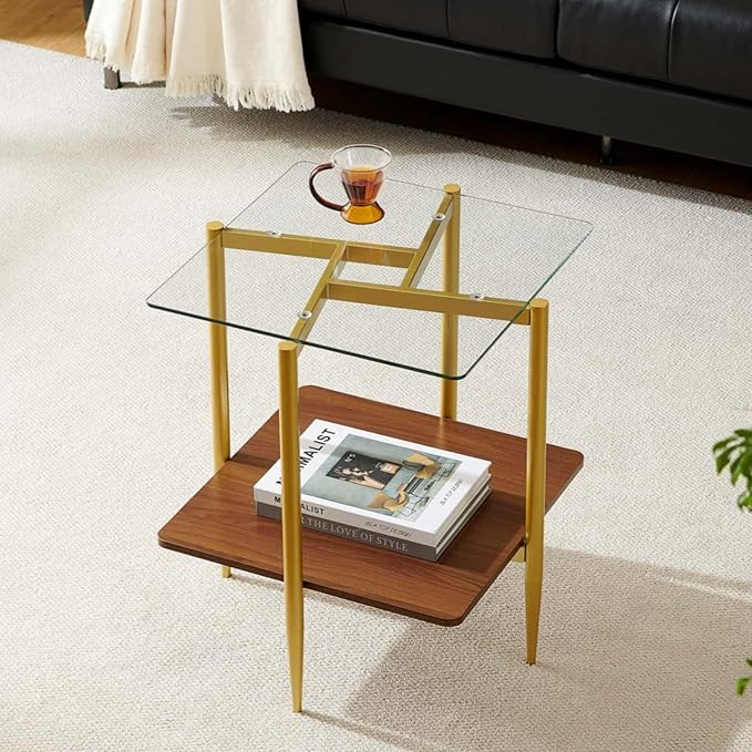 Square Glass End Table, Mid-Century Modern Sofa Table, L20*W20*H23 inch by PineFlicker