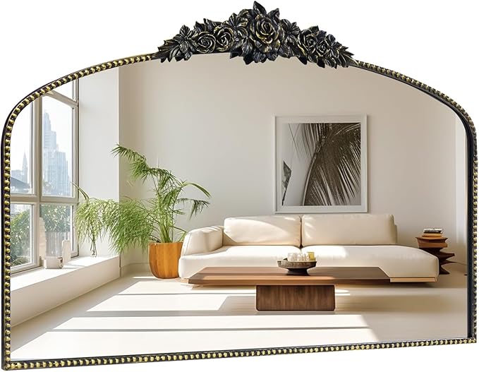 Antique Arched Black Mirror 48"x30", Traditional Victorian Vintage Mantel by CASOLLY