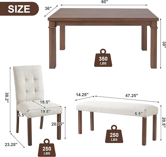 Ball & Cast Dining Table Set for 6 W/Bench & 4 Upholstered Chairs, 6 Piece - Image 3