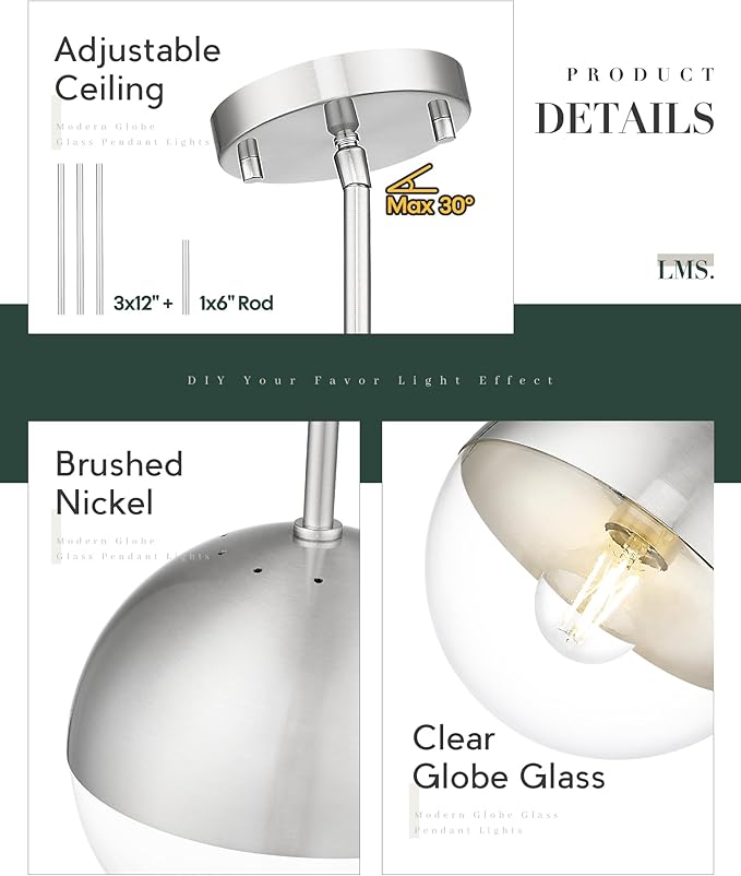 LMS Modern 1-Light Pendant Light Fixtures, Brushed Nickel Kitchen Island - Image 4