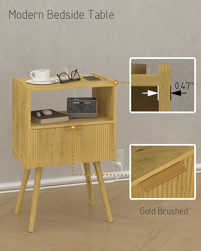 Nightstand with Outlet, Modern Bedside Table with Storage Drawer and Open Wood - Image 5