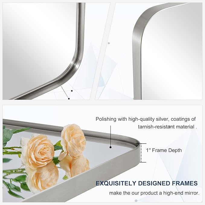 MOON MIRROR 36" x 24" Brushed Nickel Rectangle Bathroom Mirror, Tilting Rounded - Image 8